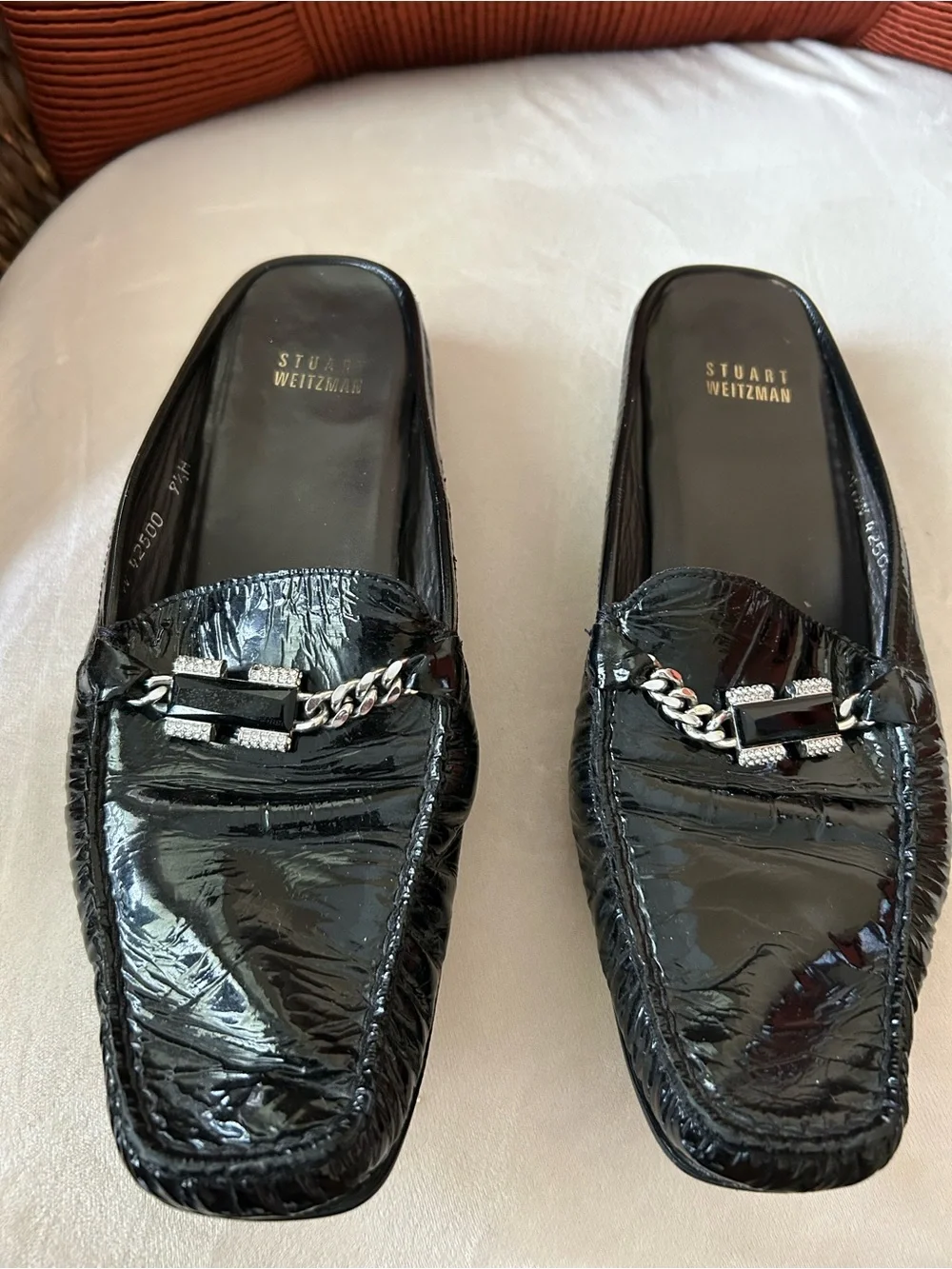 Stuart Weitzman Black Patent Leather Chain Loafers